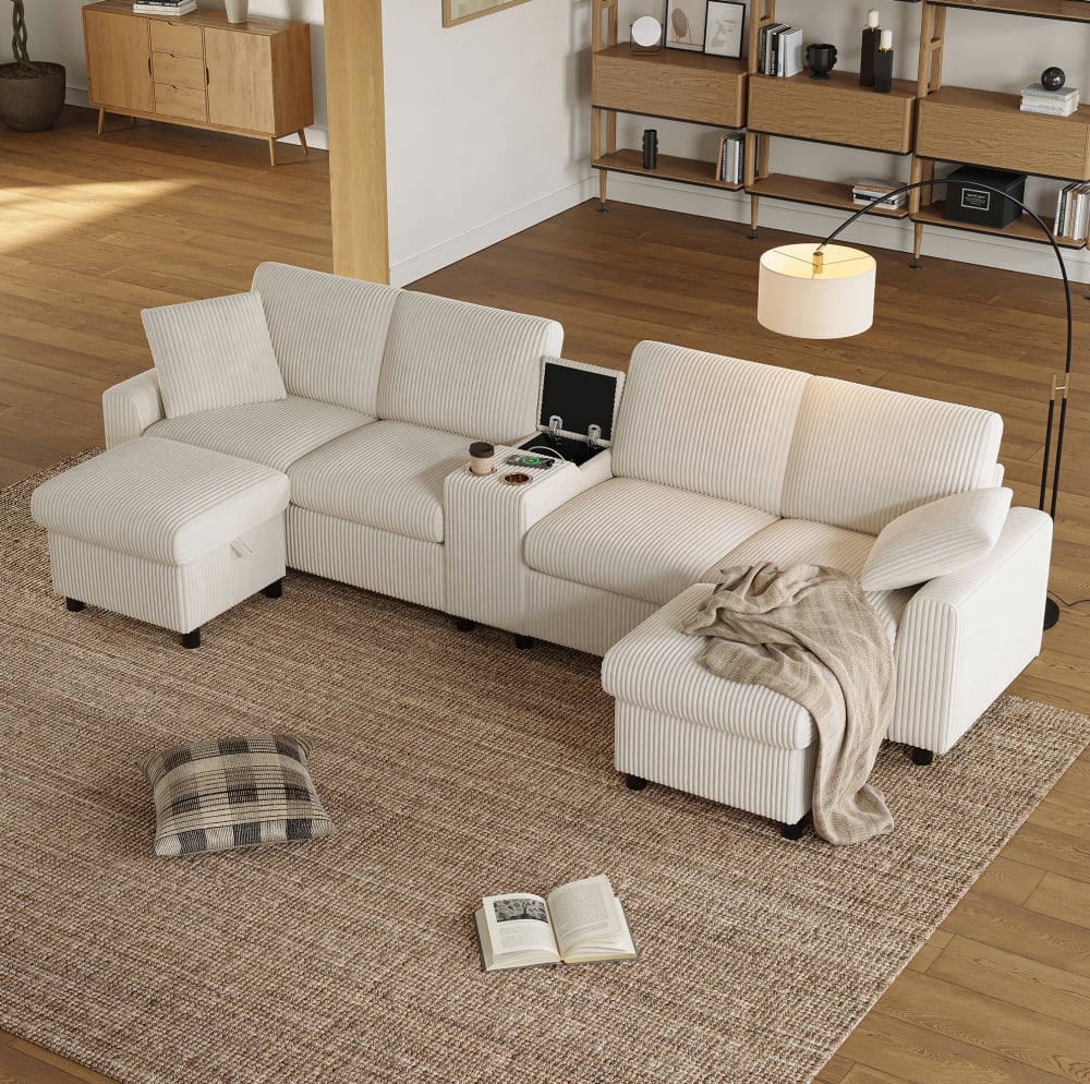Canapé en U 315 cm en velours côtelé beige avec table, rangements et prises