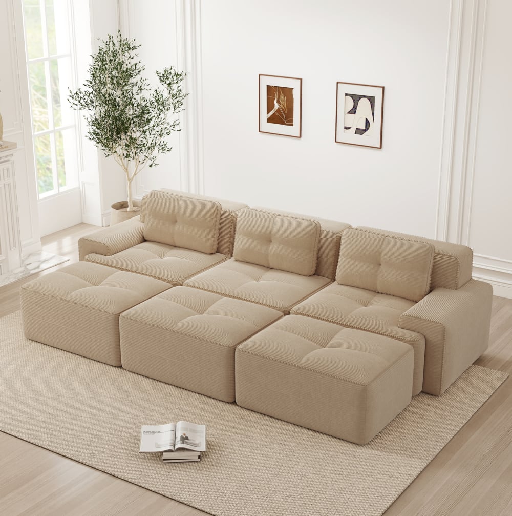 Canapé modulaire beige en velours côtelé avec fonction couchage