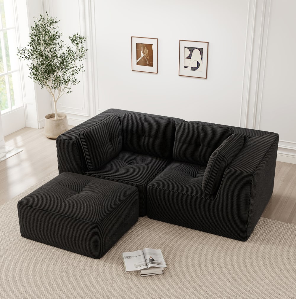 Canapé d'angle modulaire noir en velours côtelé avec repose-pieds mobile pour salon