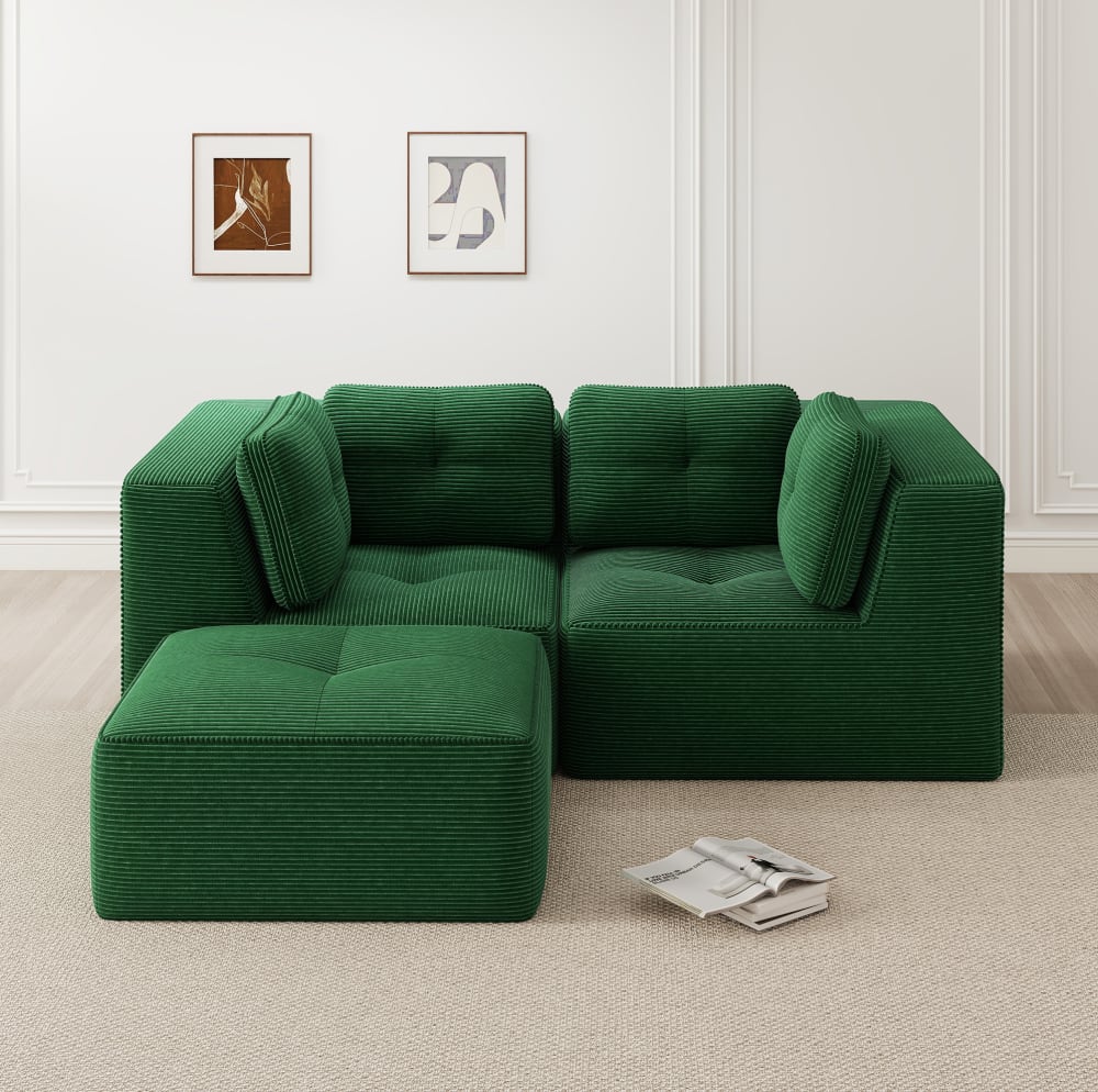 Canapé d'angle modulaire vert en velours côtelé avec repose-pieds mobile pour salon