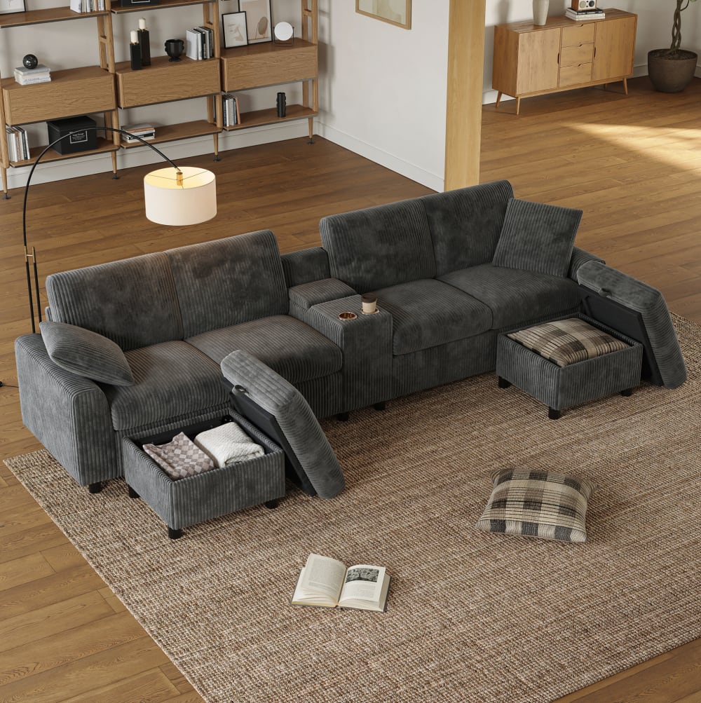 Canapé en U 315 cm en velours côtelé gris avec table et ports USB