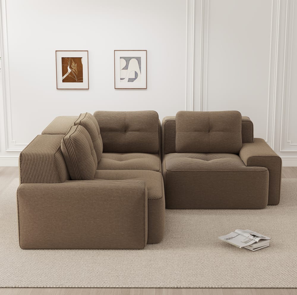 Canapé d'angle modulaire marron en tissu côtelé, assise profonde et sans montage pour salon
