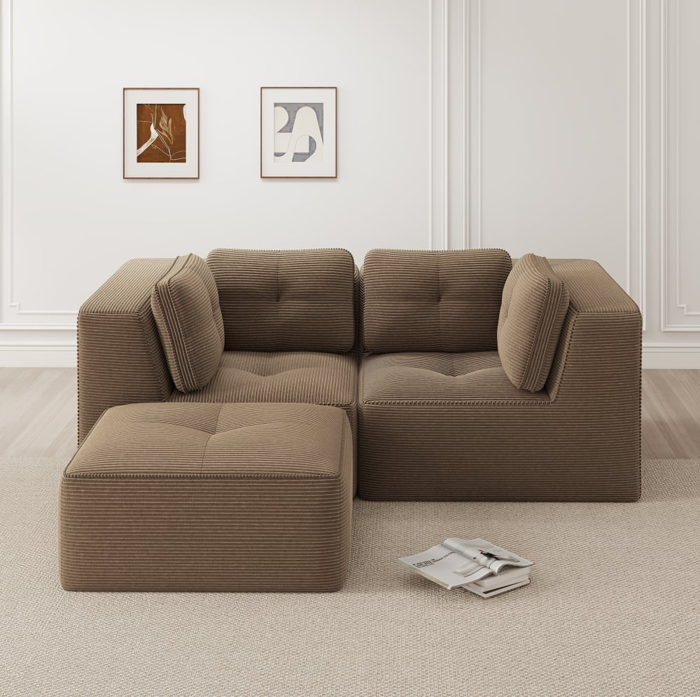 Canapé d'angle modulaire marron en tissu côtelé avec repose-pieds mobile pour salon
