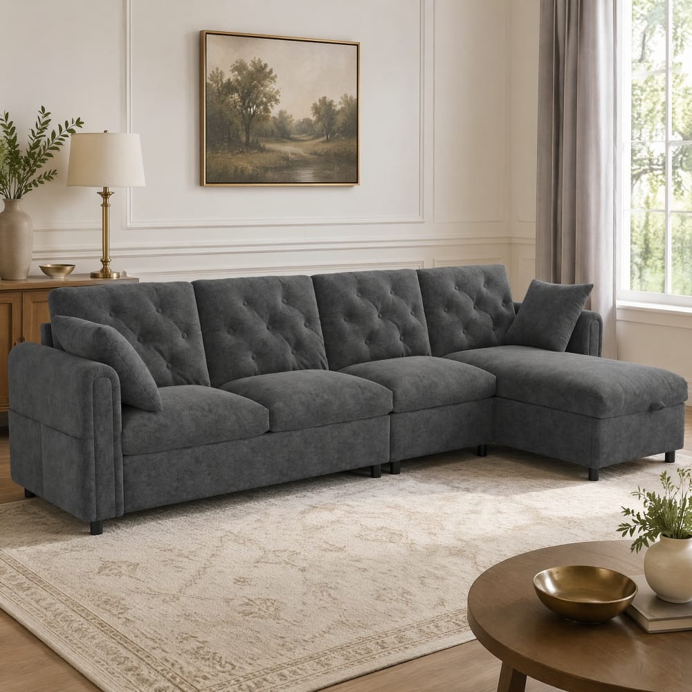 Canapé d'angle convertible gris en velours avec rangement réversible et poches latérales pour salon