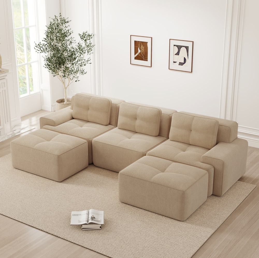 Canapé modulable en tissu côtelé beige sans montage avec assise profonde