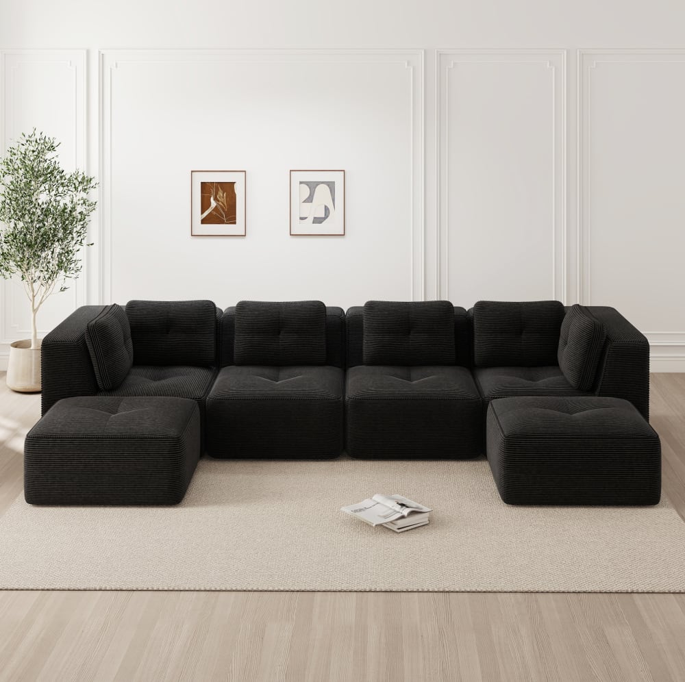 Canapé d'angle modulaire noir en velours côtelé, sans montage, assise profonde pour salon