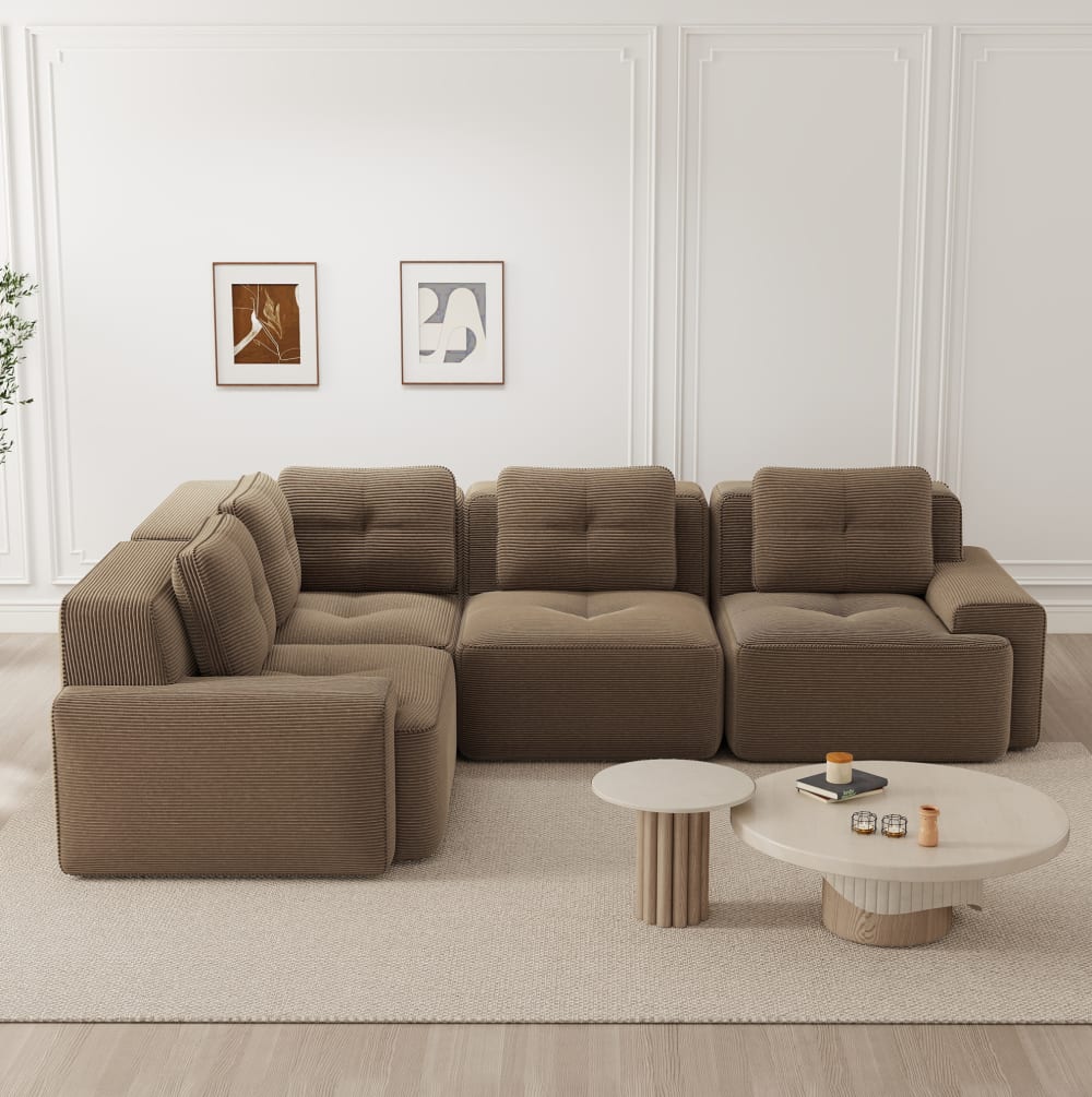 Canapé d'angle modulaire marron en velours côtelé sans montage pour salon