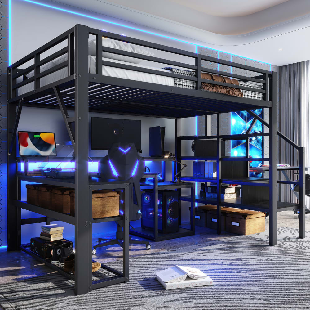 Lit mezzanine 140x200 cm en métal noir avec bureau, LED et rangements