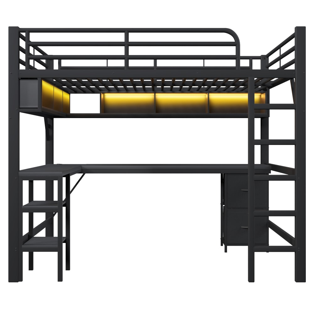 Lit mezzanine 140x200 cm en métal noir avec bureau, rangements, USB et LED