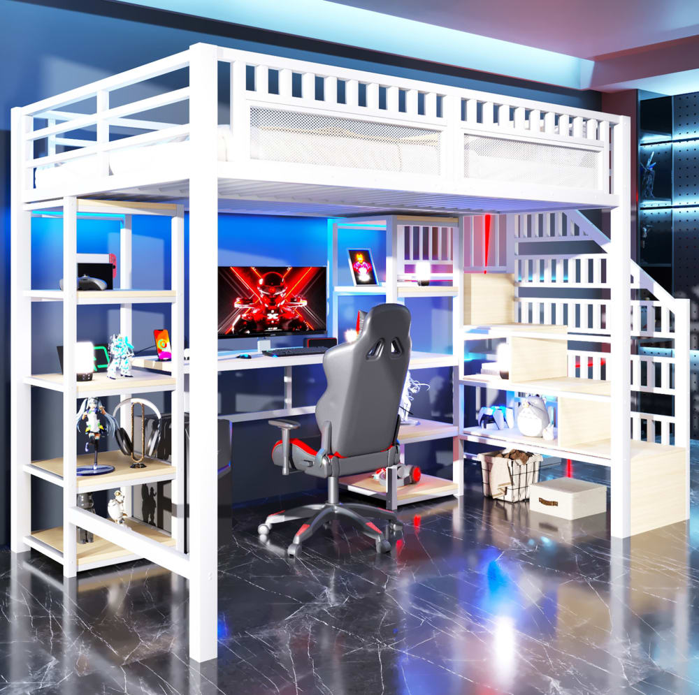 Lit mezzanine 140x200 cm en métal blanc avec bureau, rangements, LED et USB