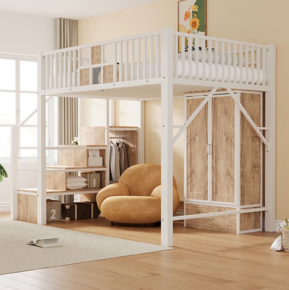 Lit mezzanine 140x200 cm en métal et bois blanc avec armoire et escalier rangement