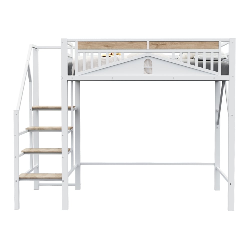 Lit mezzanine en métal et bois avec rangement blanc 140x200 cm