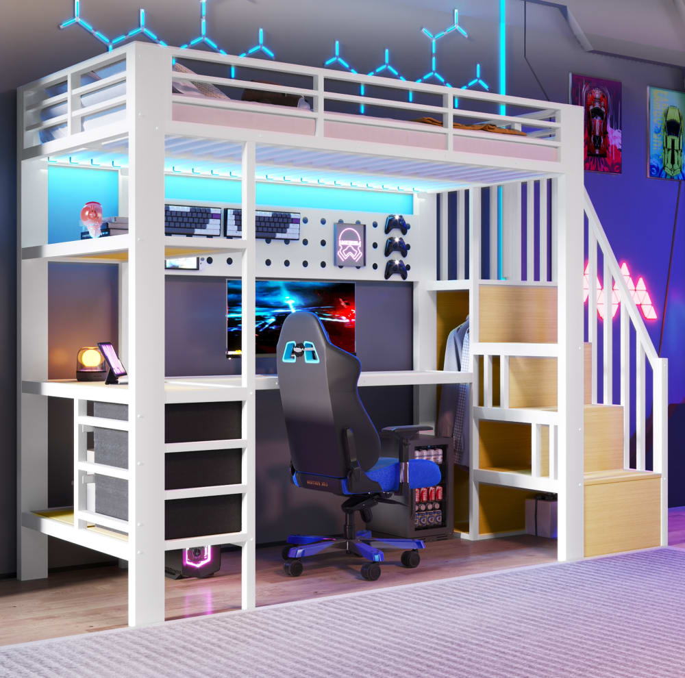 Redom Lit Mezzanine 90x200 Cm Avec Bureau Rangement Led Prise Métal Et Mdf Blanc (sans Matelas)