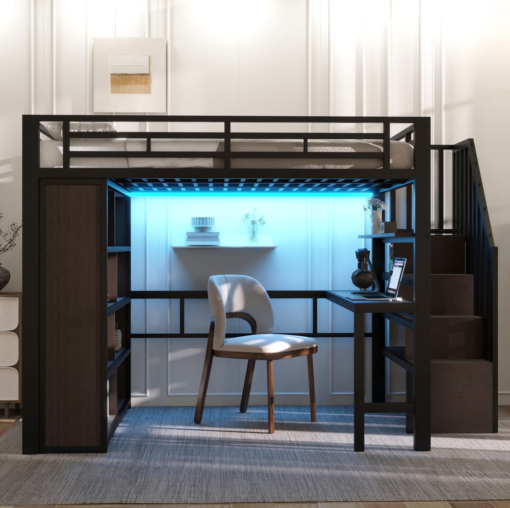 Lit mezzanine 140x200 cm en métal noir avec bureau, rangements et LED