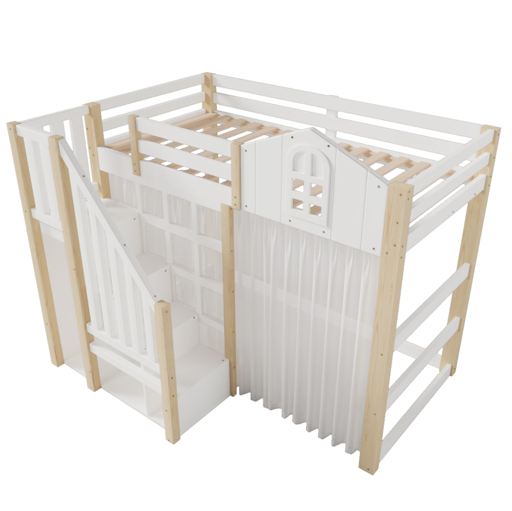 Lit mezzanine 90x200 cm en pin blanc et naturel avec LED et échelle de rangement