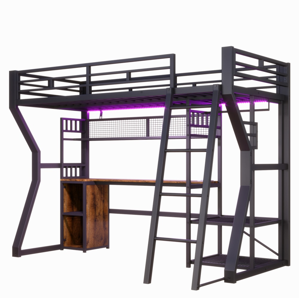 Redom Lit Mezzanine 90x200 Avec Lumière Led, Prise, Bureau, Rangement Mdf Et Métal Noir (sans Matelas)