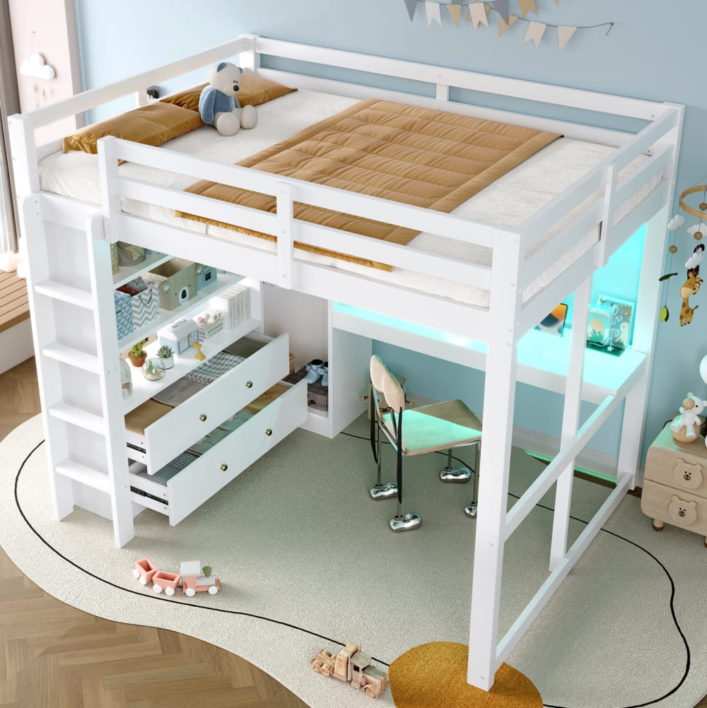 Lit mezzanine 140x200 cm en bois massif blanc avec bureau et rangements