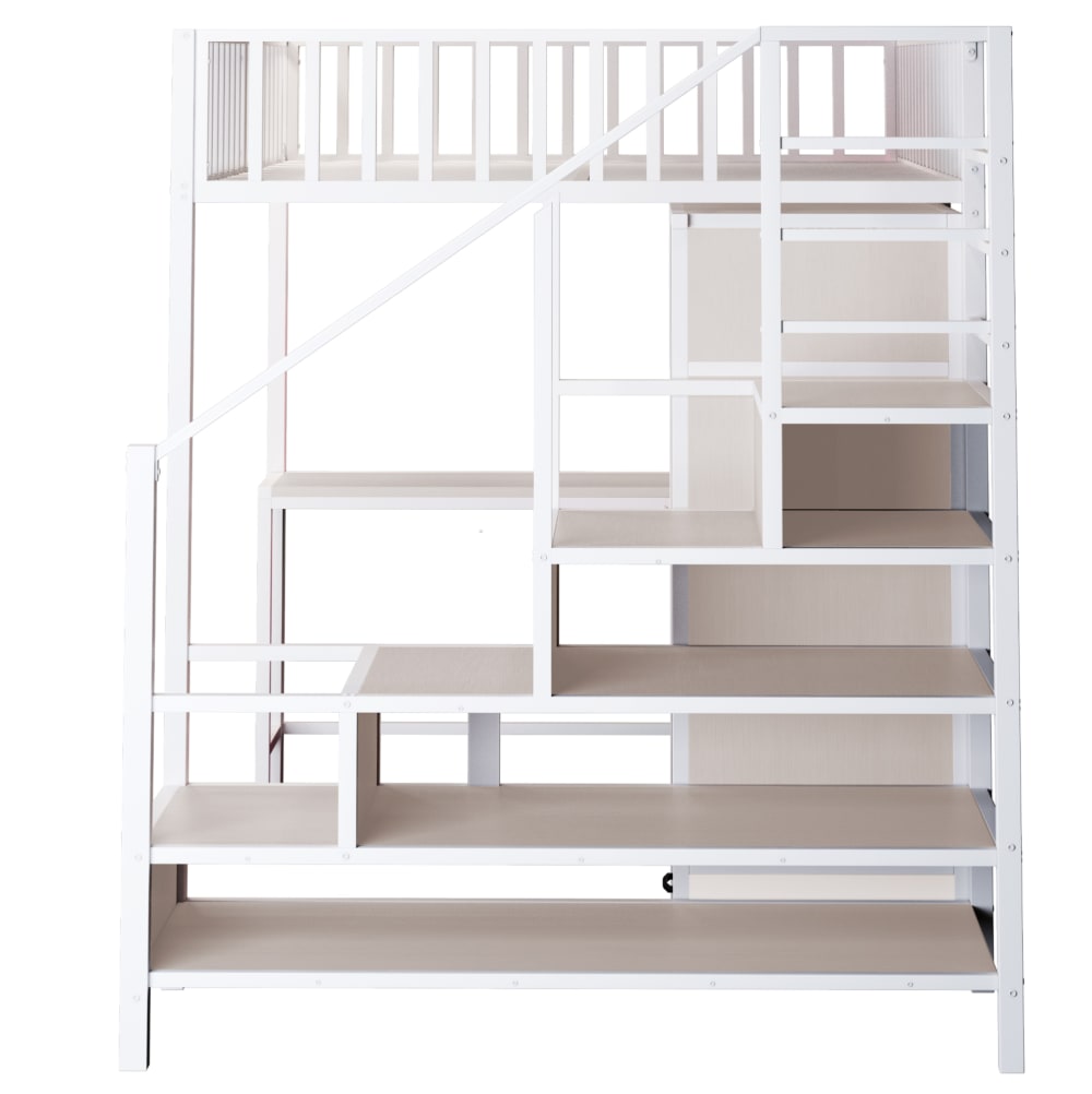 Lit mezzanine 140x200 cm en métal blanc avec bureau, armoire et LED