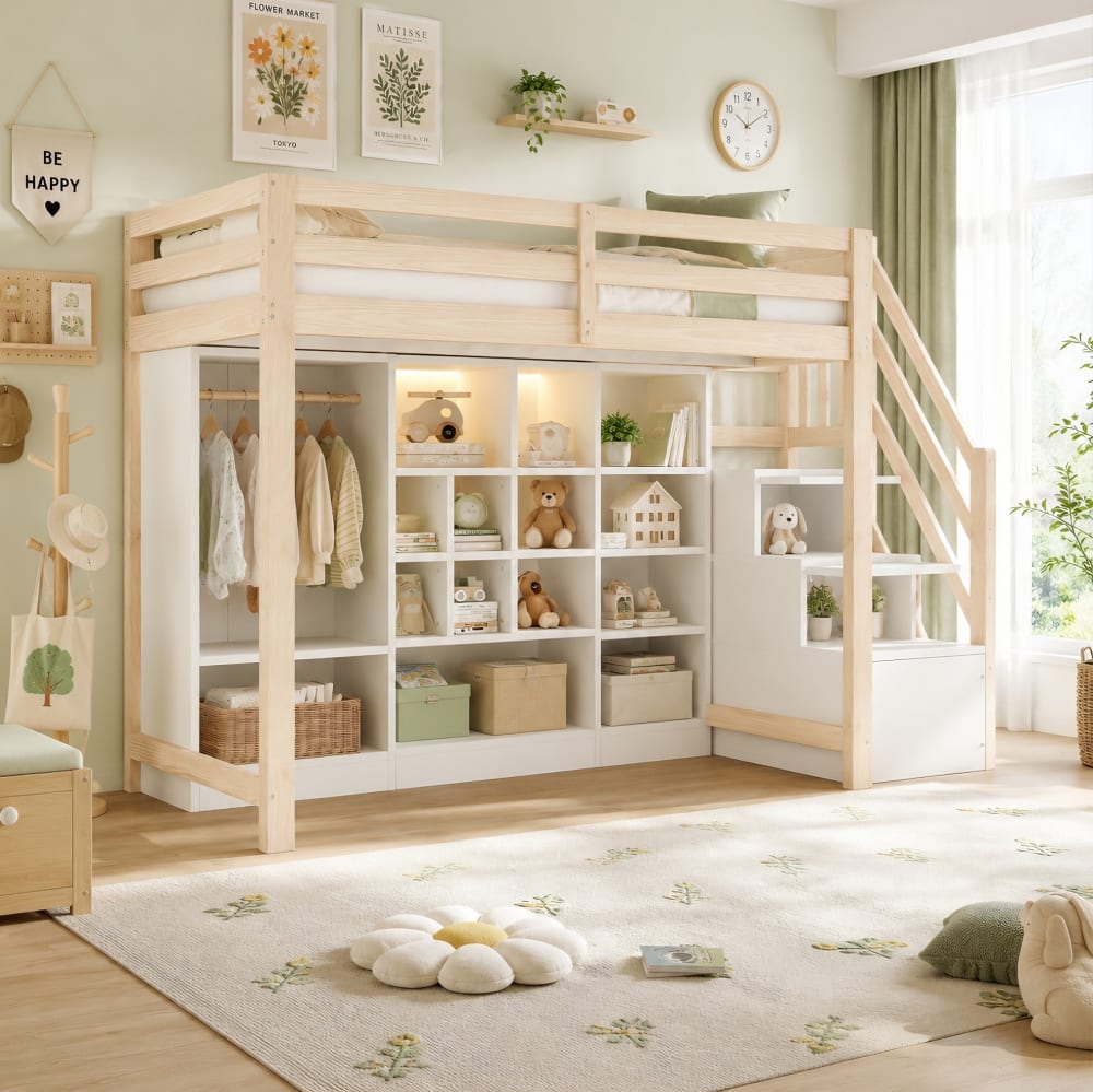 Lit mezzanine 90x200 cm en bois blanc avec rangements, penderie et LED