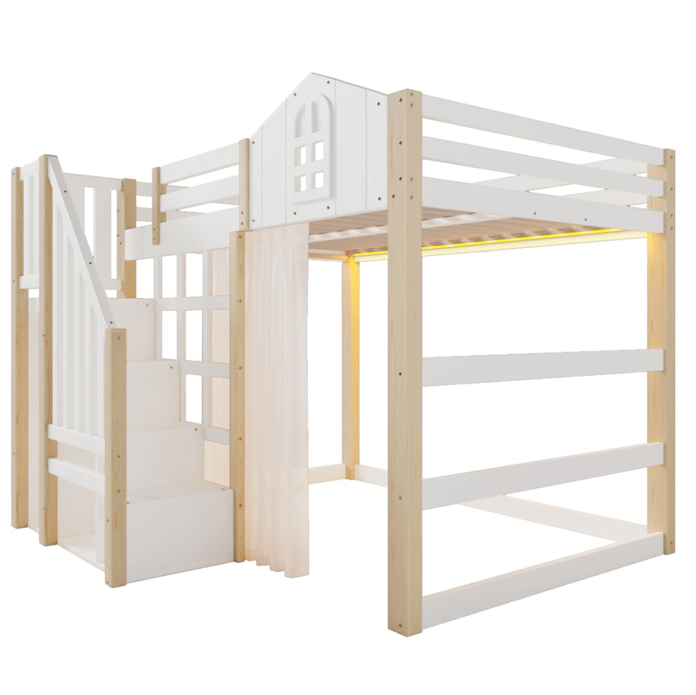 Lit mezzanine 140x200 cm en pin blanc et naturel avec LED et voile