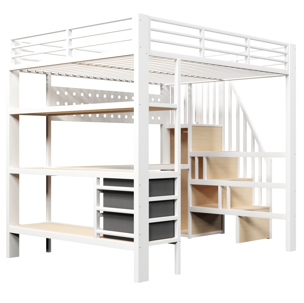 Redom Lit Mezzanine 140x200 Cm Avec Bureau, Rangement, Tiroirs, Panneau Perforé Métal Et Mdf Blanc (sans Matelas)