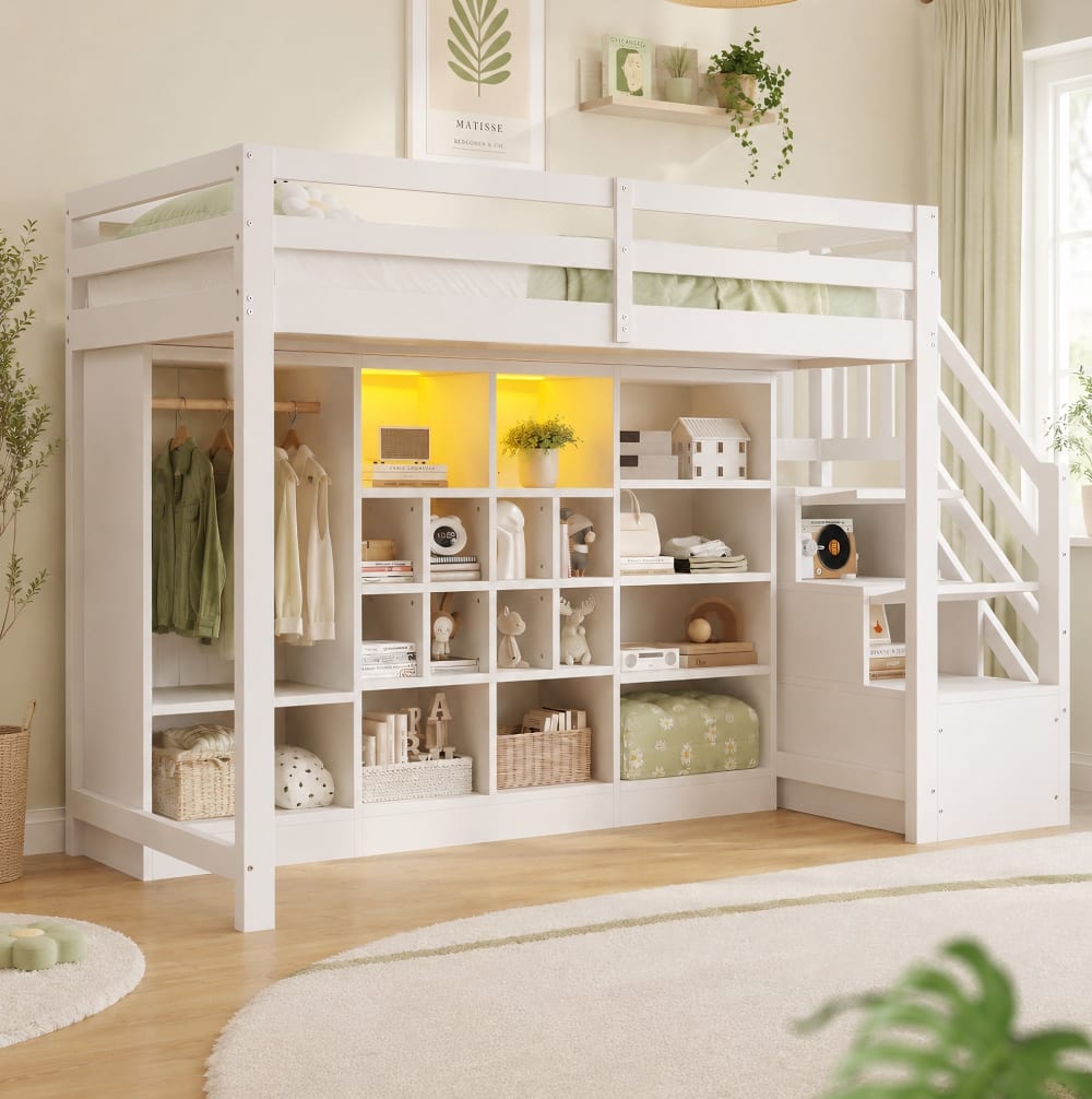 Lit mezzanine 90x200 cm en bois blanc avec rangements, armoire et LED