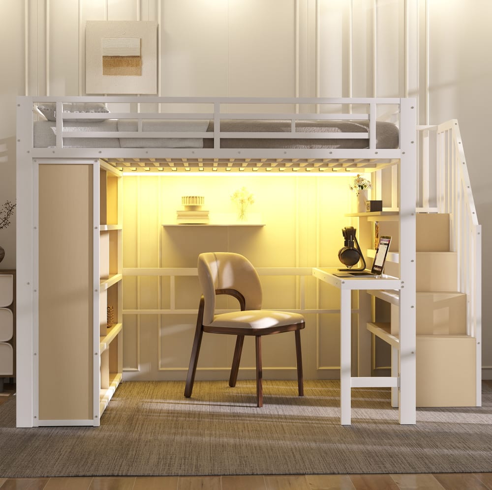 Lit mezzanine 140x200 cm en métal blanc avec bureau, étagères et LED