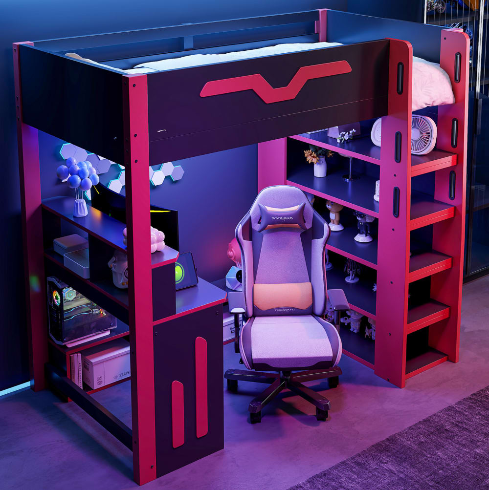 Redom Lit Mezzanine 90x200 Cm Avec Bureau, Rangement, Led Et Escalier Mdf Et Contreplaqué Noir Et Rouge (sans Matelas)