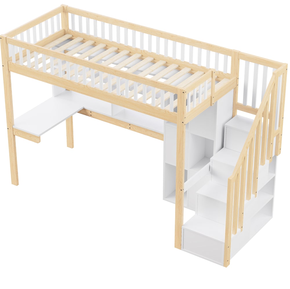 Lit mezzanine en pin avec bureau et led blanc et naturel 90x200 cm