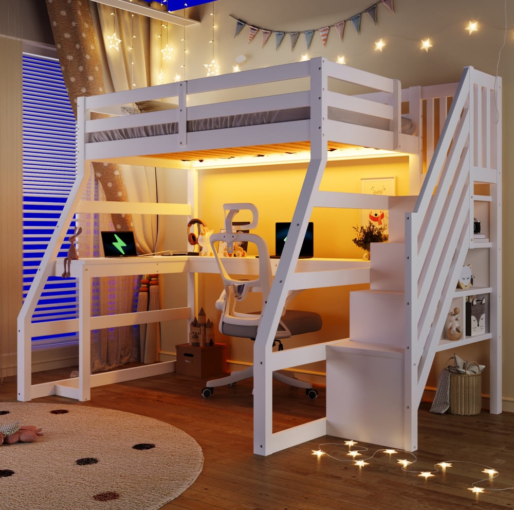 Redom Lit Mezzanine 90x200 Cm Avec Bureau Led Usb Escalier De Rangement En Bois Blanc (sans Matelas)
