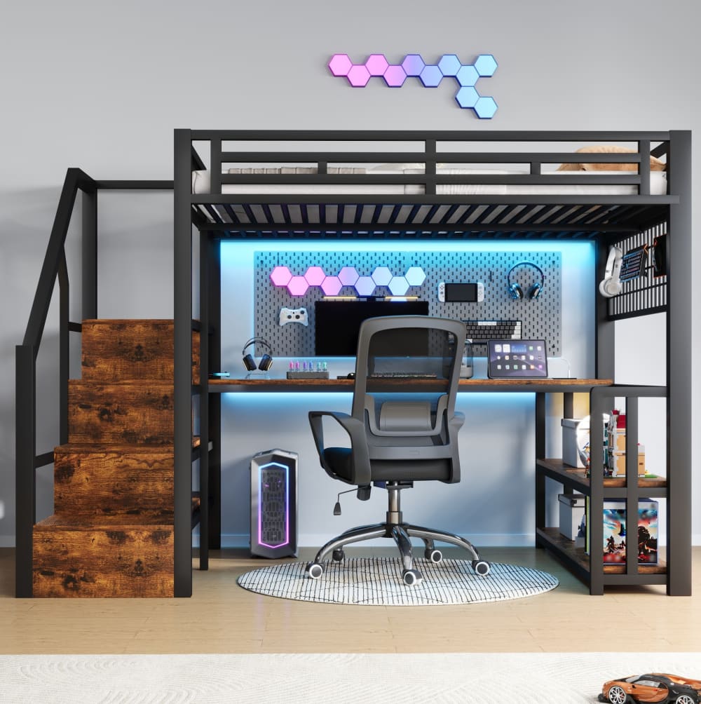 Lit mezzanine 140x200 cm en métal noir avec bureau et rangements