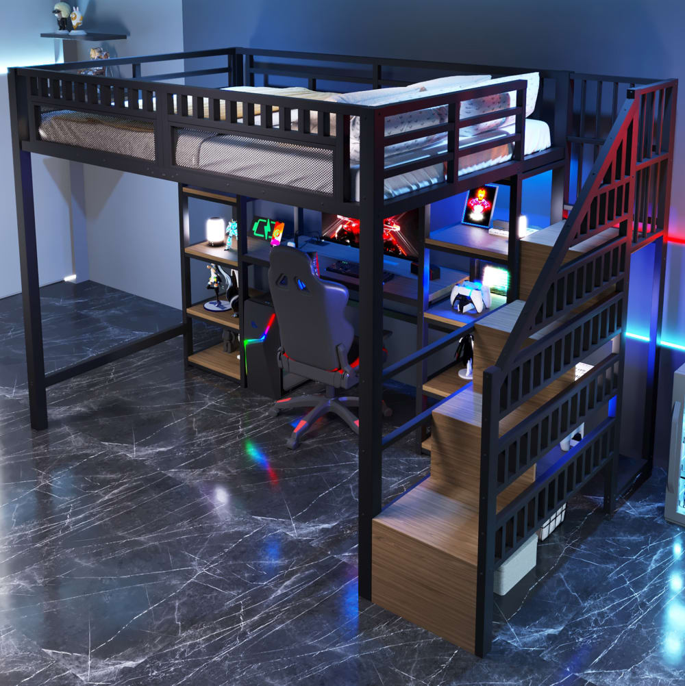 Lit mezzanine 140x200 cm en métal noir avec bureau et éclairage LED