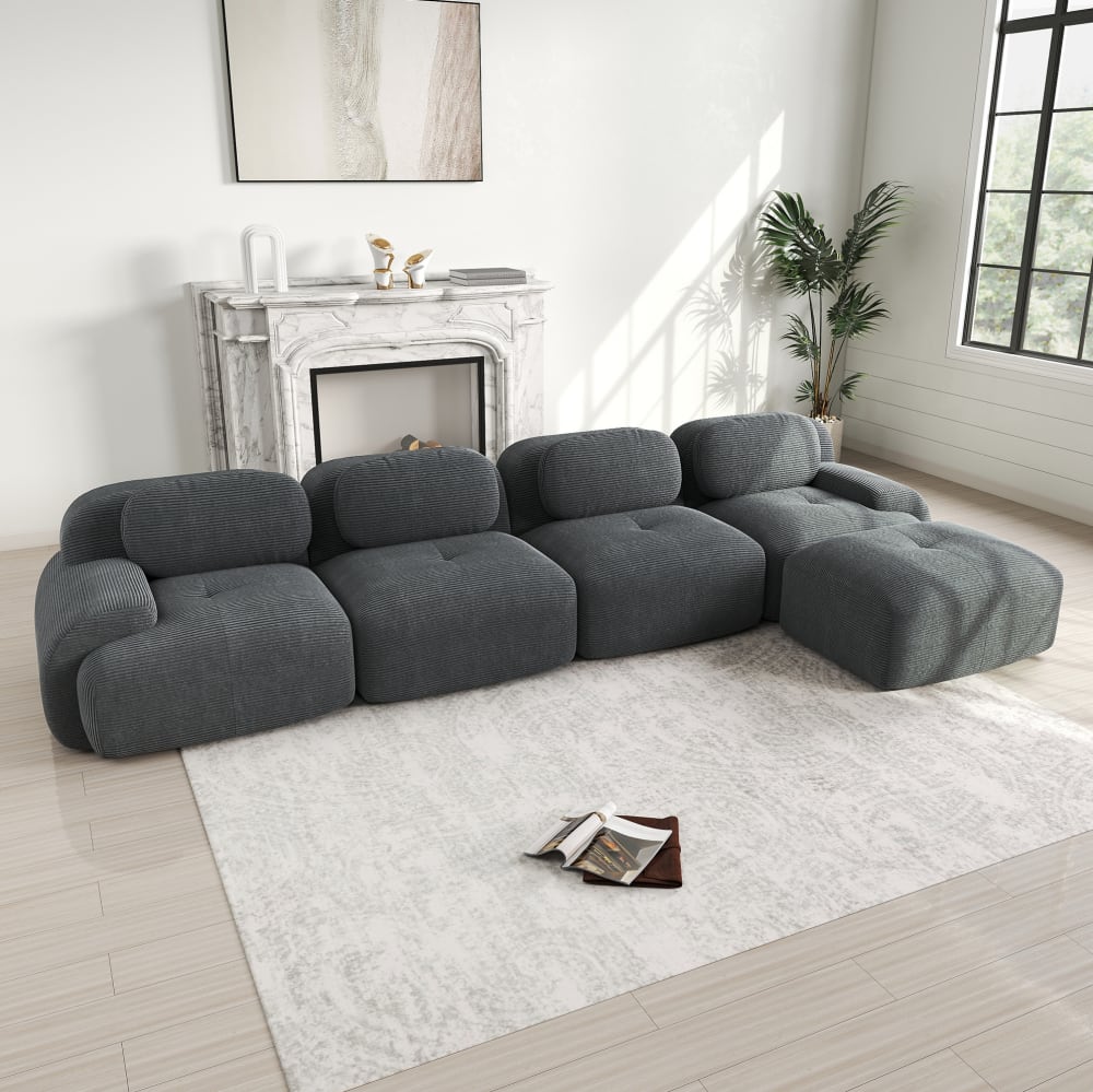 Canapé d'angle modulaire en velours côtelé avec méridienne gris