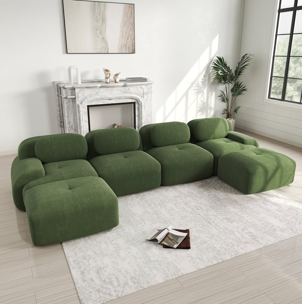 Canapé d'angle modulaire en velours côtelé vert sans montage