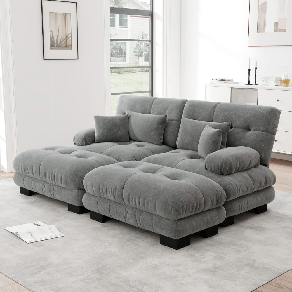 Canapé modulaire gris en chenille avec ottomans et coussins, pour salon