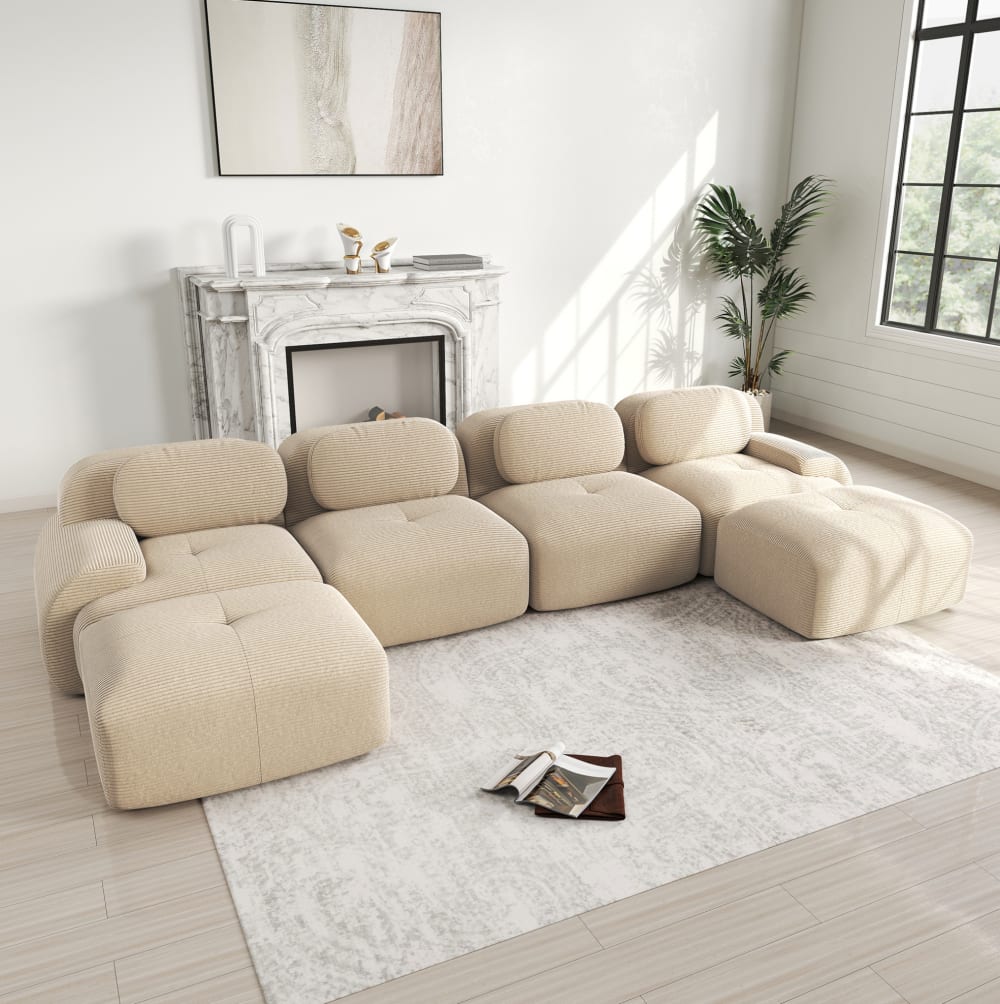 Canapé modulaire en velours côtelé avec dossier ergonomique beige