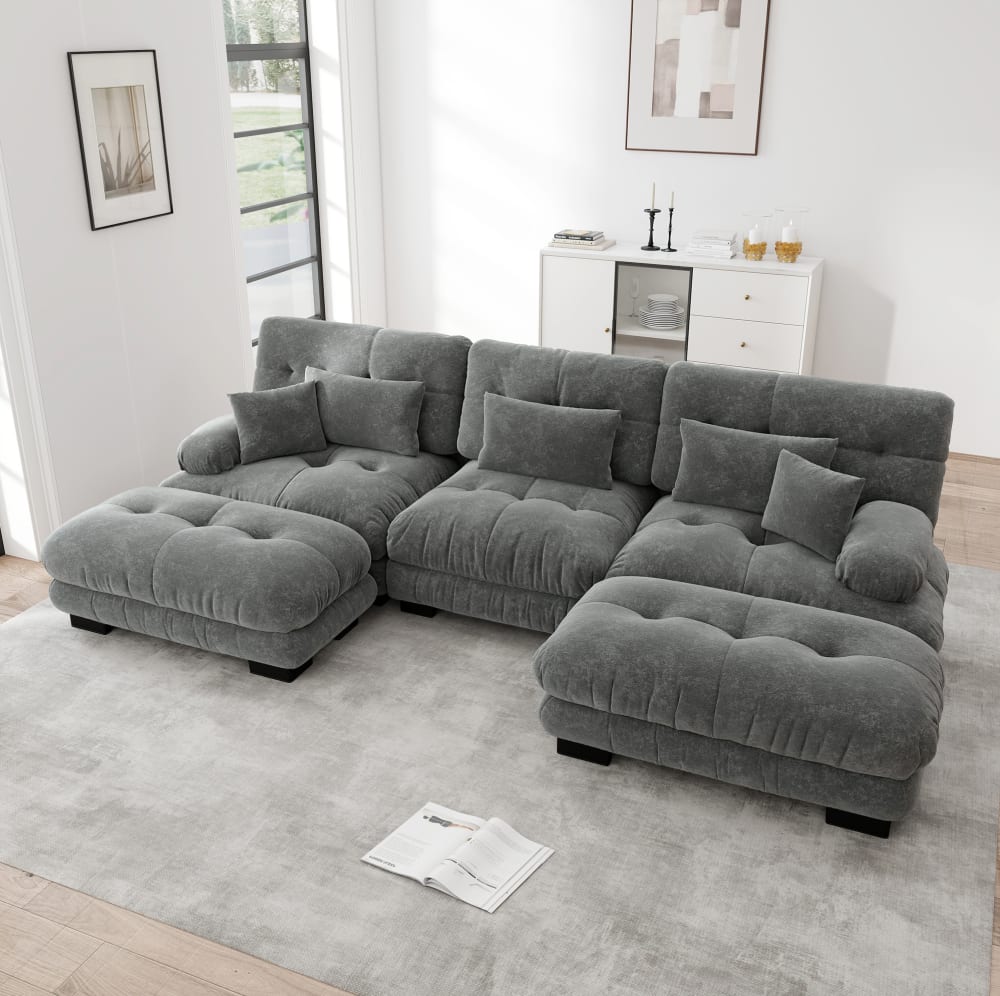 Canapé modulable gris en chenille avec ottomans, assise profonde pour salon