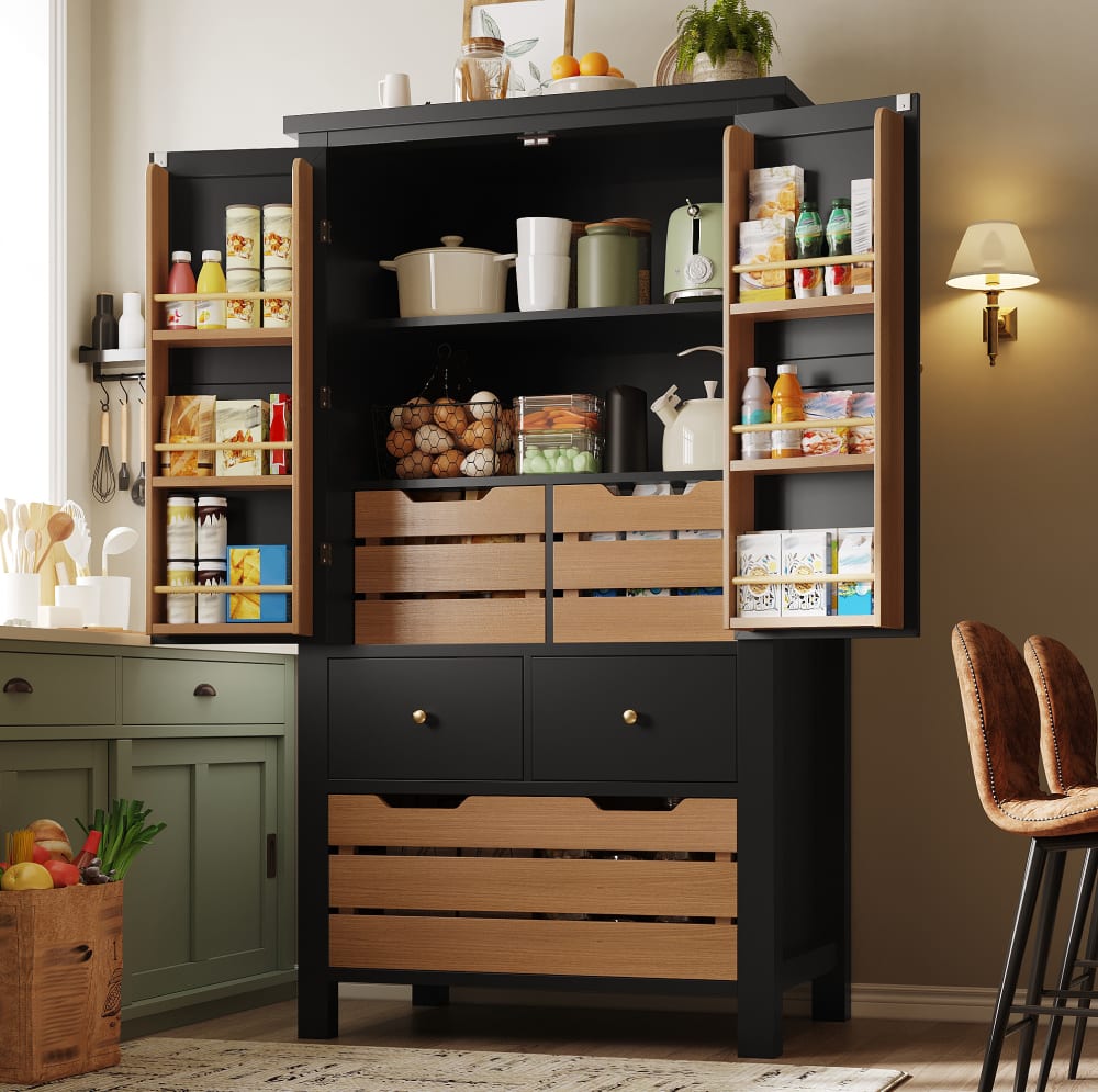 Buffet de cuisine 80 cm en MDF noir avec 2 portes et 5 tiroirs