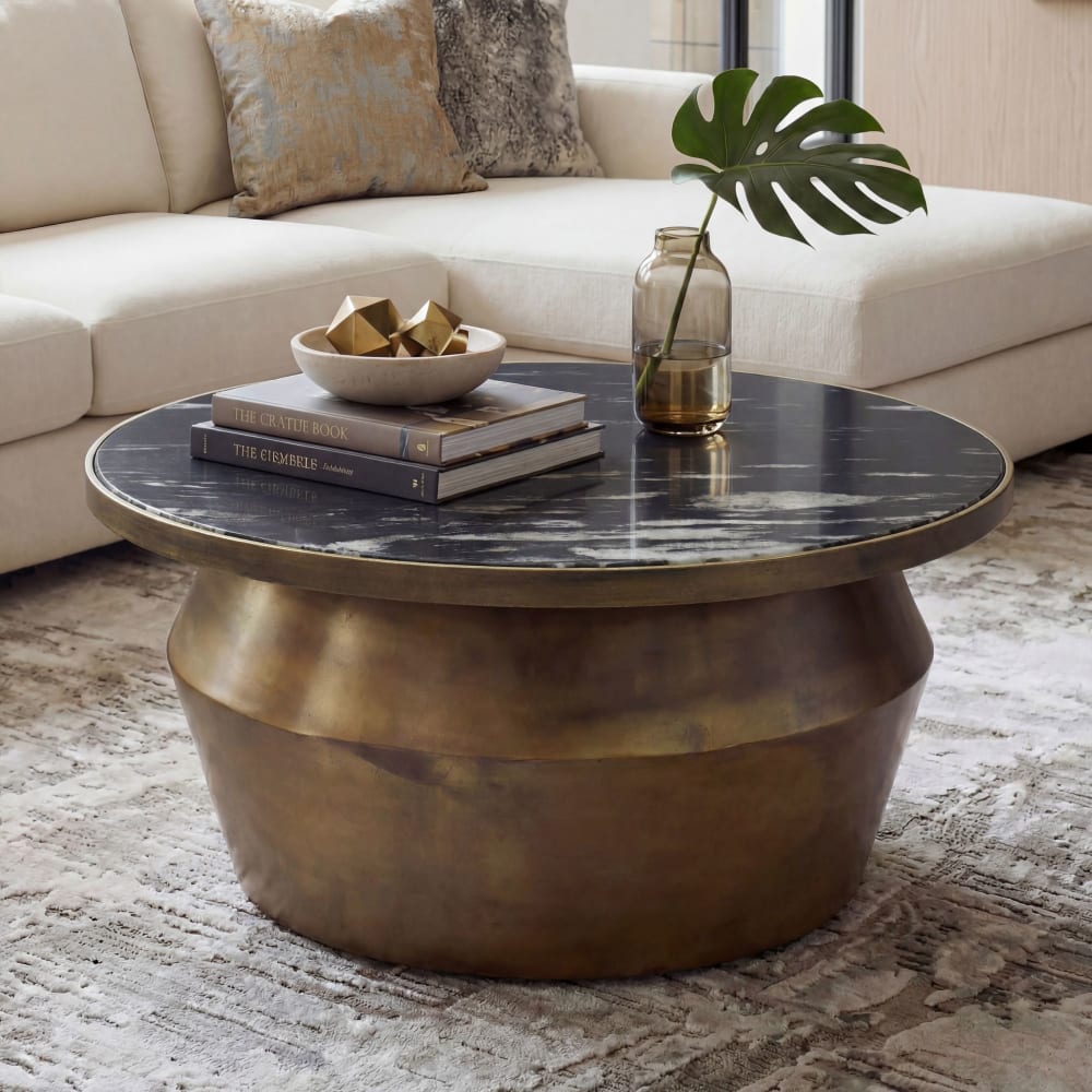 Table basse avec plateau en marbre Design Table de salon métal ronde 60cm
