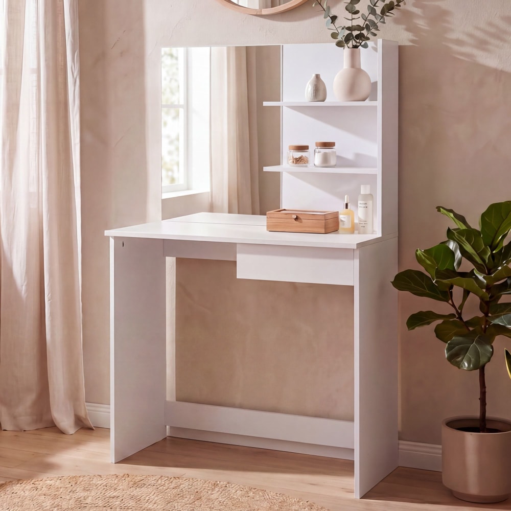 Coiffeuse 75cm Table Maquillage Coiffeuse Blanche Miroir Table Make-Up Étagère