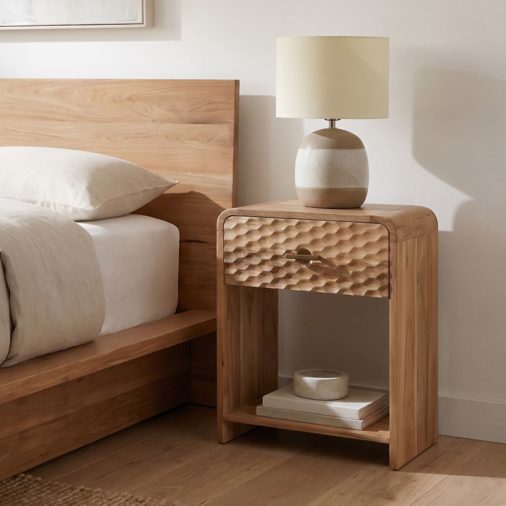 Table de chevet 54cm bois massif, console de nuit haute avec tiroir et étagère
