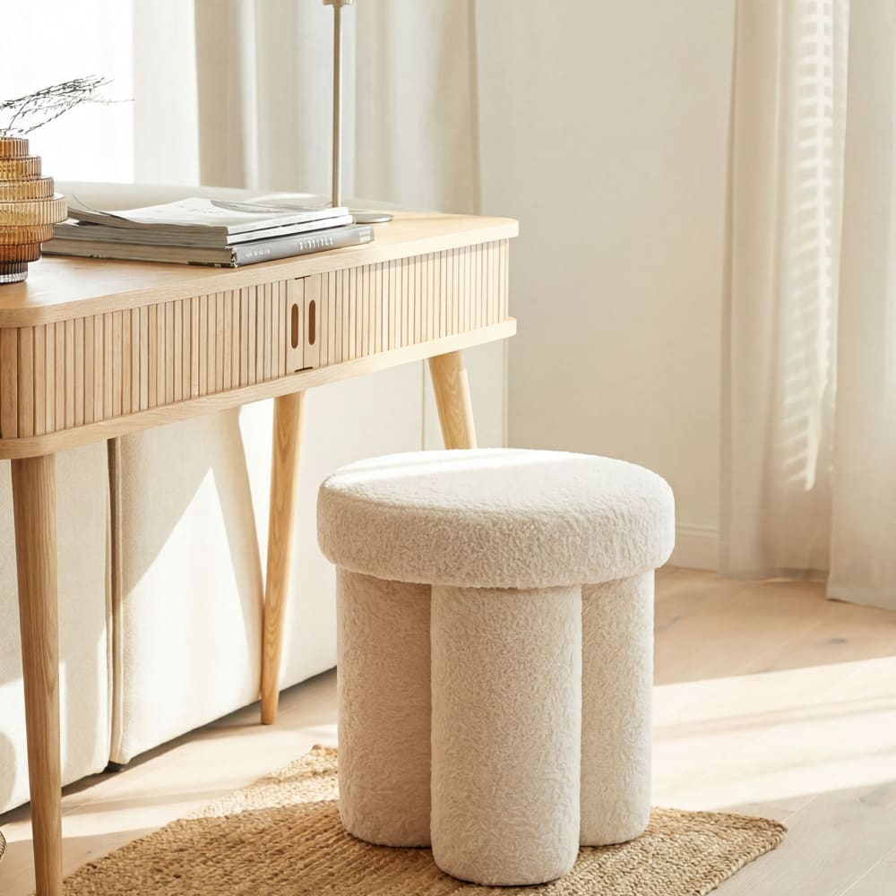 Tabouret Tissu Teddy 40cm Crème Tabouret Rond Rembourré Tabouret d'Appoint