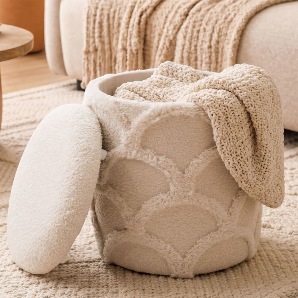 Tabouret Pouf De Rangement Tissu Teddy 40cm Crème Pouf Rond Rembourré Fait Main