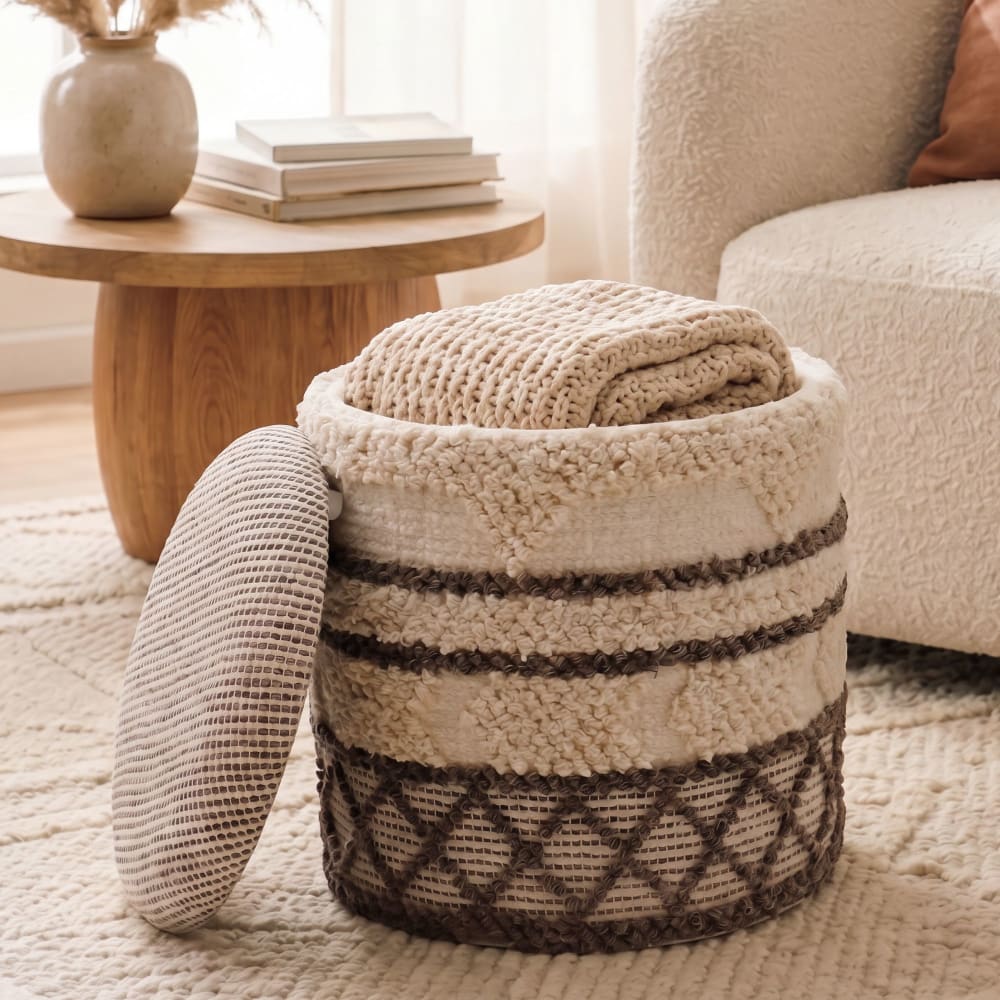 Tabouret Pouf De Rangement En Laine 40cm Beige Pouf Rond Rembourré En Tissu