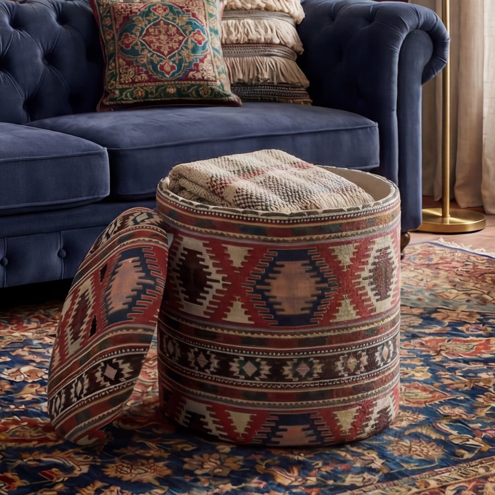 Tabouret Pouf De Rangement En Tissu 40cm Multicolore Pouf Rond Rembourré Boho