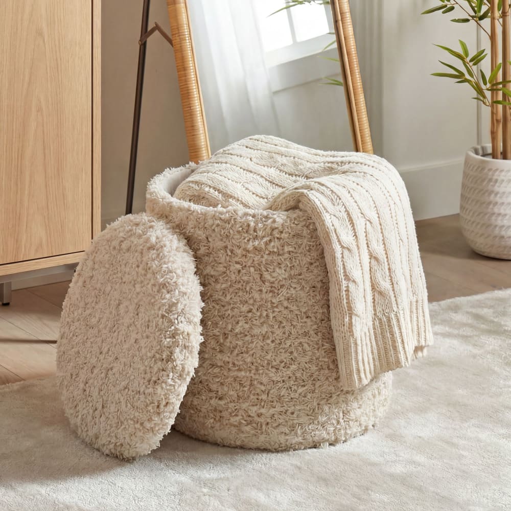 Tabouret Pouf De Rangement En Laine 40cm Beige Pouf Rond Rembourré En Tissu