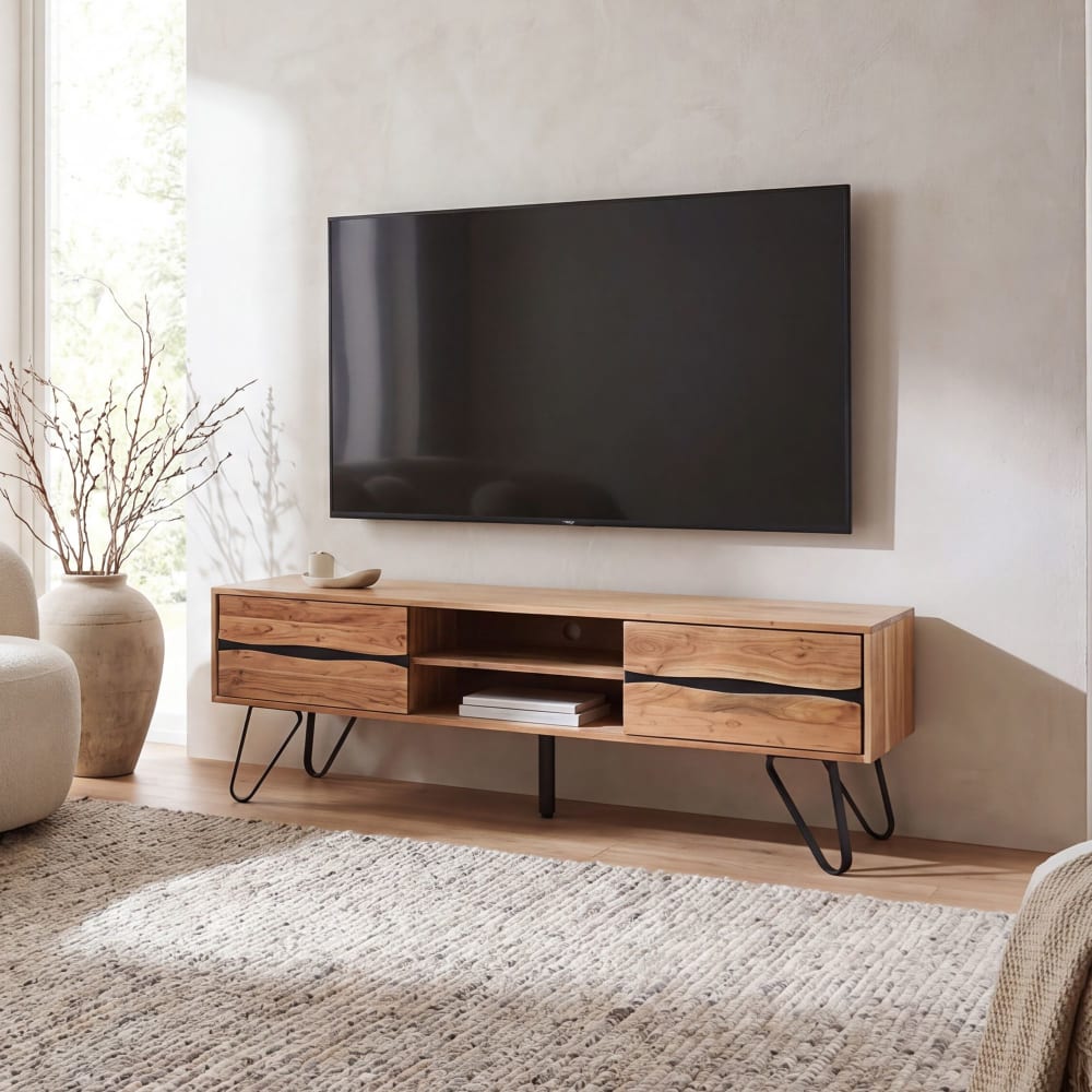 Meuble Tv Bas Meuble Télévision Acacia Bois Massif 160cm Table Tv Avec Portes