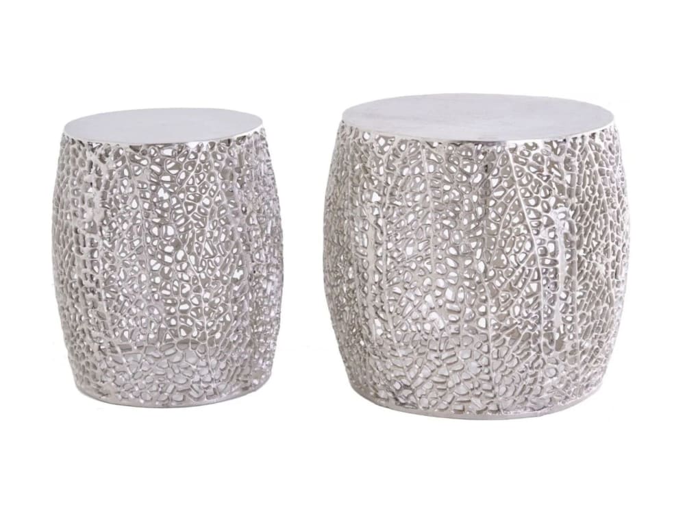 Lot de 2 tables basses METRIX argentées avec petit motif arrondi Tables basses design en aluminium mat