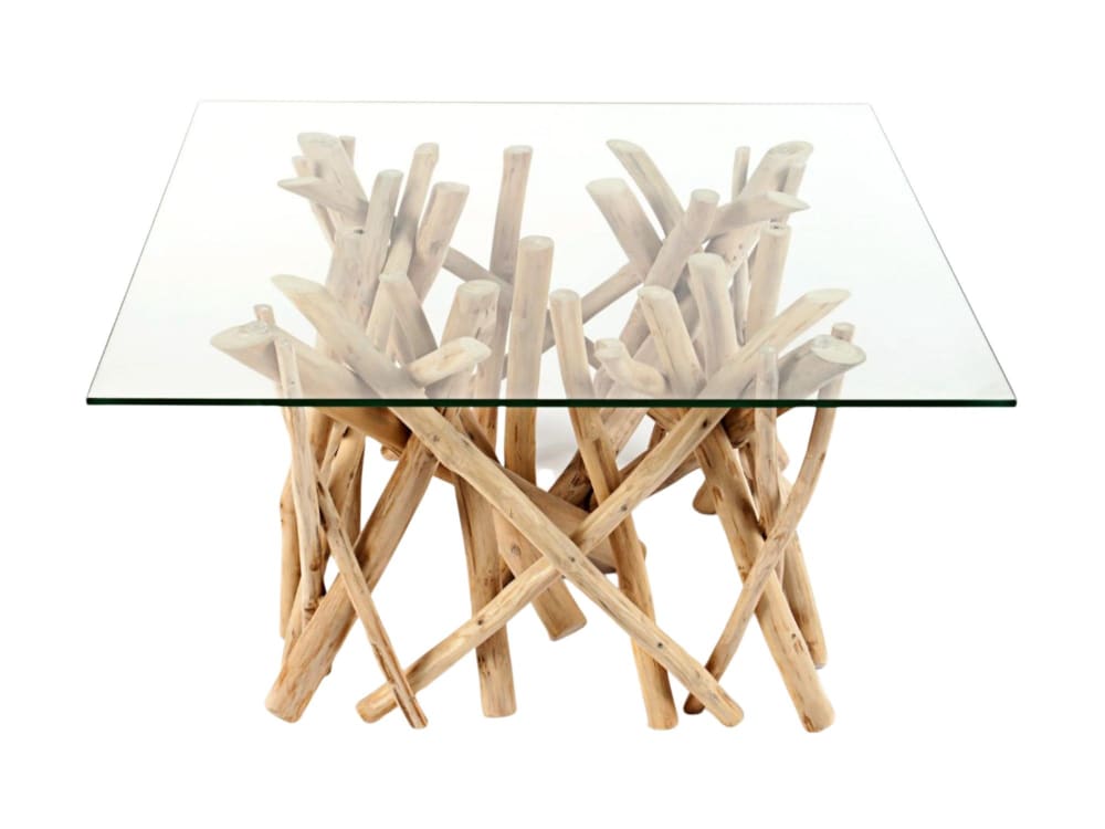 Table basse WOODEN carrée 80 cm Table basse design en bois flotté et verre trempé