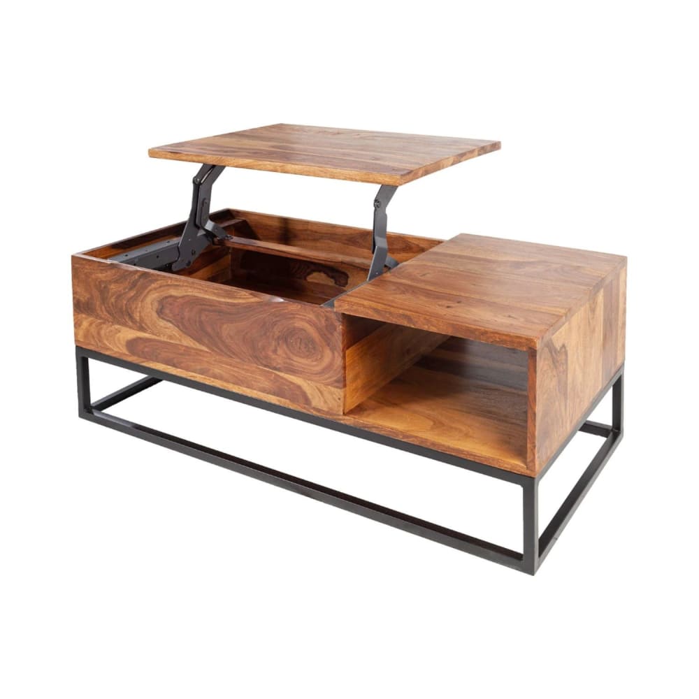 Table basse ORBO en bois massif 110 cm Plateau relevable et rangements intégrés